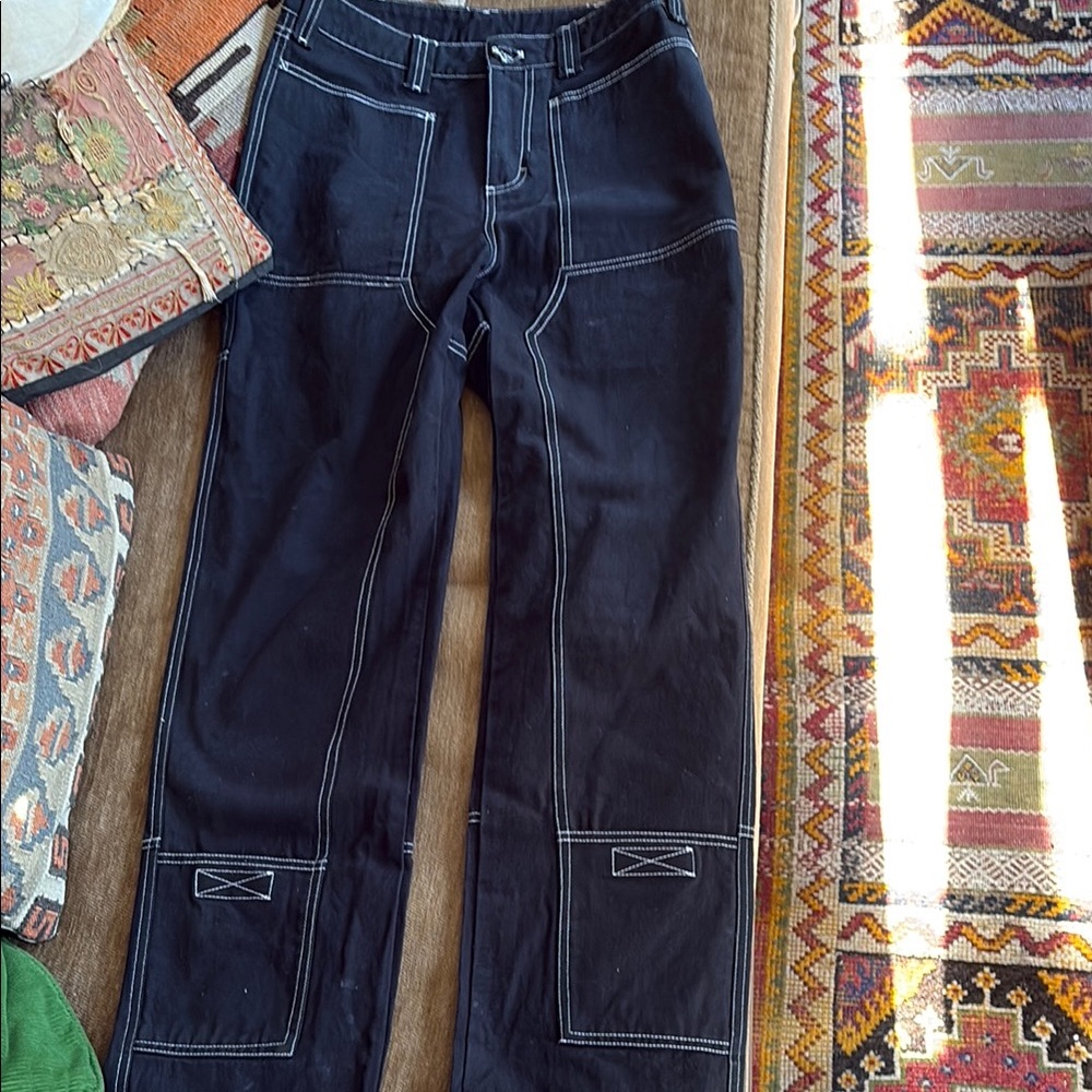 Dark blue fun pocket Contrast-Stitch Wide Leg Pants